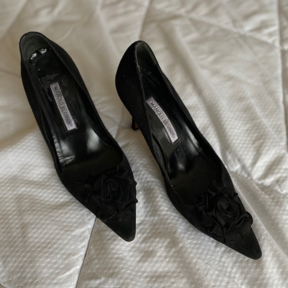 Suede Manolo Blahnik Heels w/ Flower Detail - Picture 1 of 6